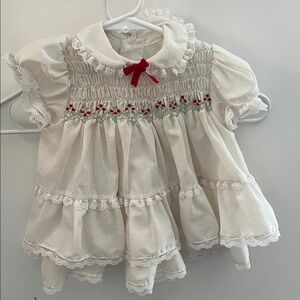Cream Baby Dress with Red Bow and Floral Embroidery